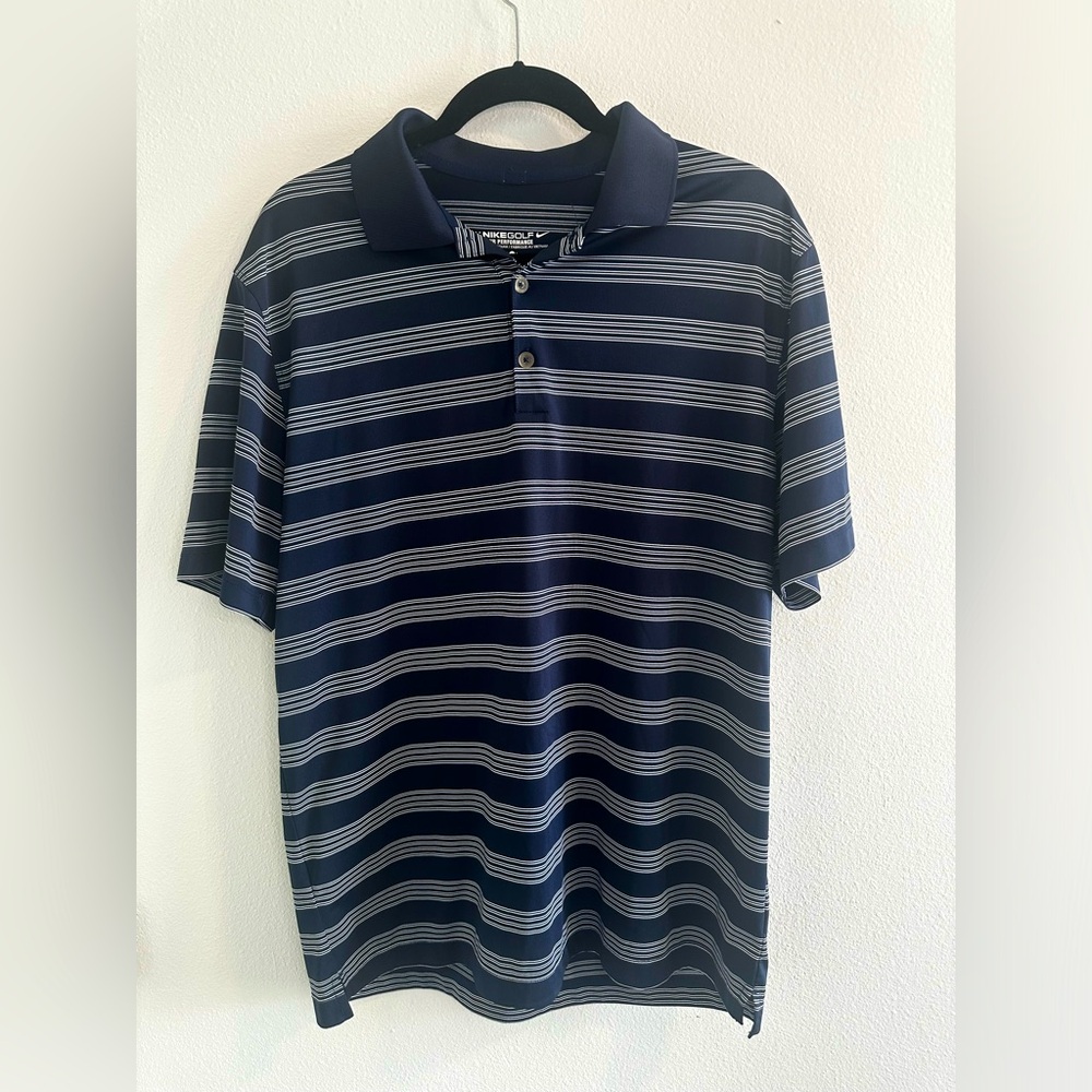 Nike Golf Dri-fit Polo Shirt - Size Large - Navy w White Stripes